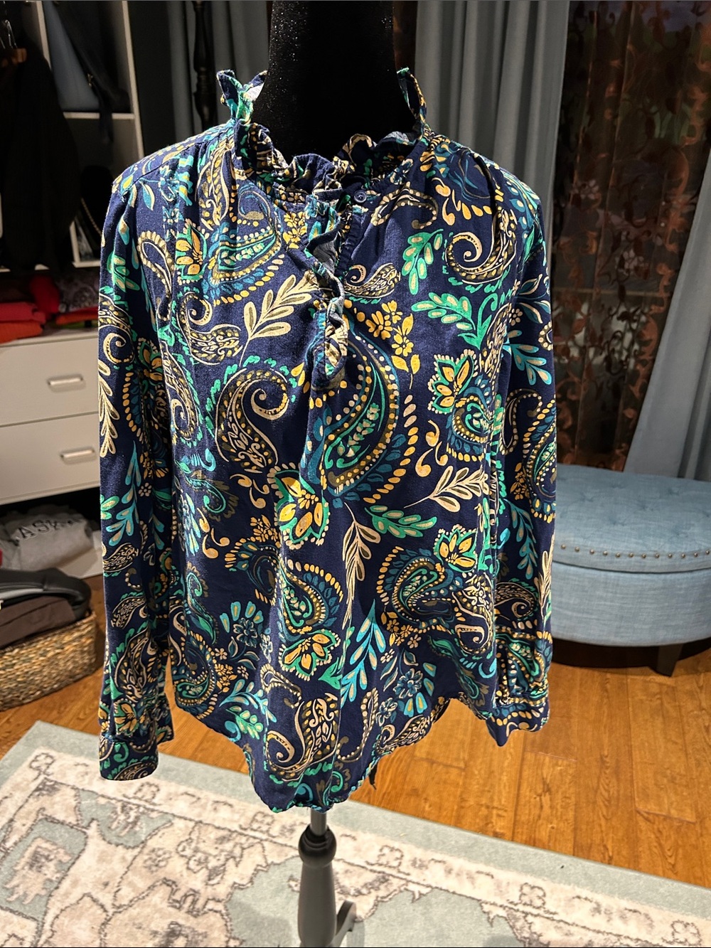 St. John's Bay Navy Paisley Ruffle-Neck Blouse with Teal & Gold Accents